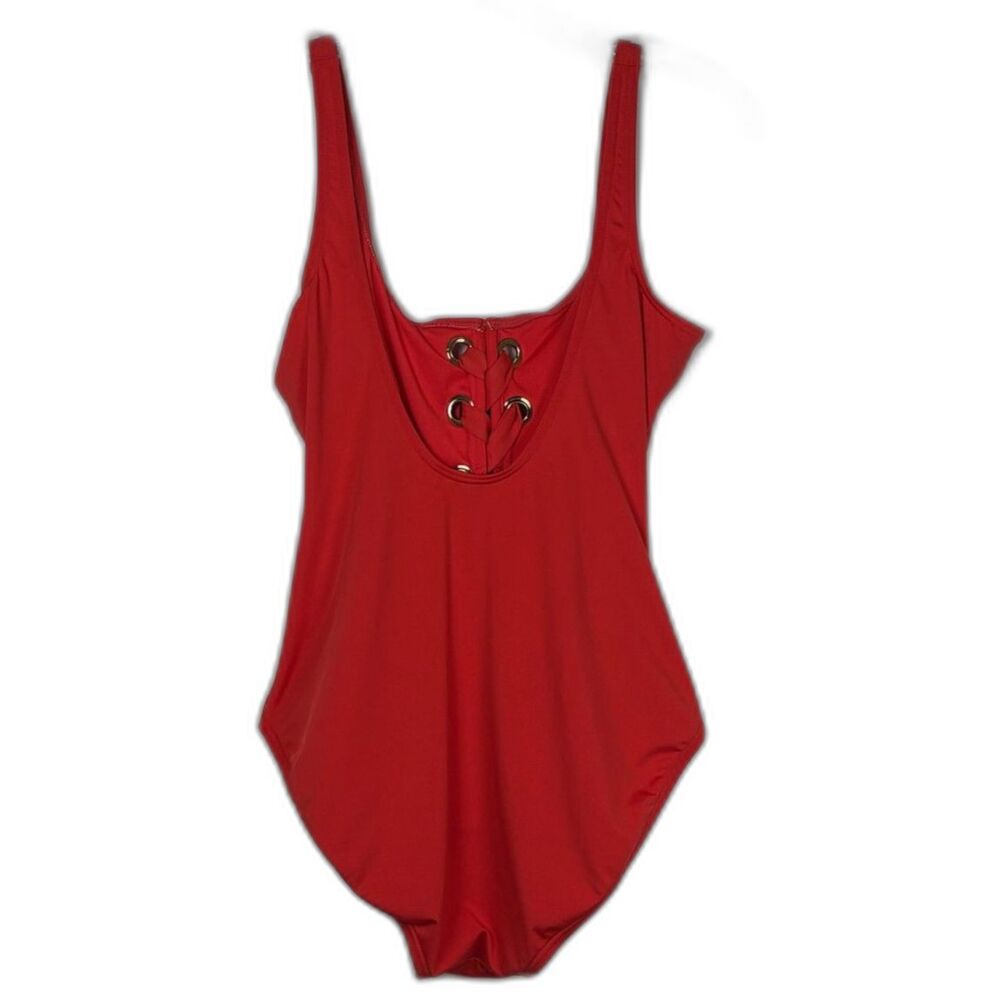 Michael Kors Lace Up Front One Piece Swimsuit Red Coral Grommet Monokini Sz 12 - Picture 3 of 10